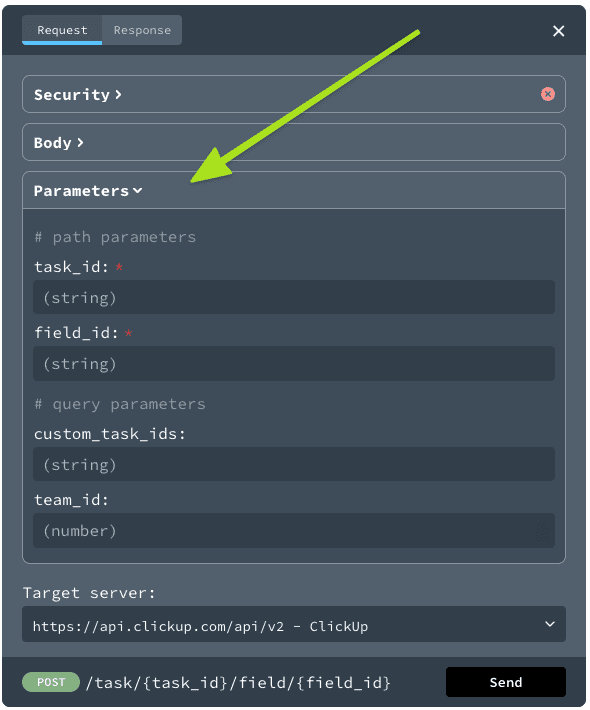 Screenshot of the parameters section of the Try It modal.